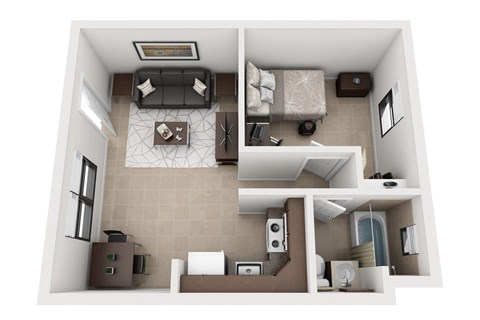 A top-down view of a small apartment with a kitchen, living room, and bathroom.